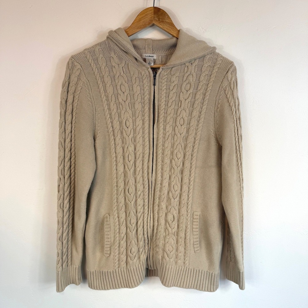 L.L.Bean Cable Knit Hoodie Sweater Large Beige Full Zip Fisherman Granola Preppy